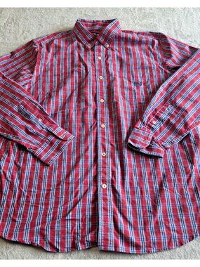 Chaps Men’s XL Button Down Shirt Red White Blue Plaid Long Sleeve Cotton Casual